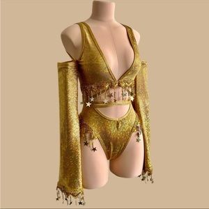 PLUR BUNNY BOUTIQUE Golden Goddess Tie Bodysuit with Bell Sleeves